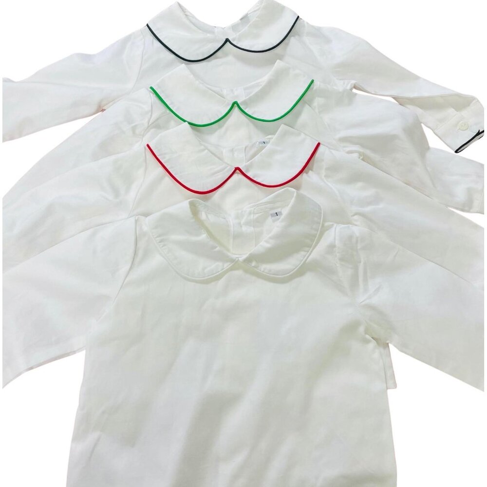UNISEX-Long Sleeve White Cotton Shirt with Peter Pan Collar with BLACK TRIM